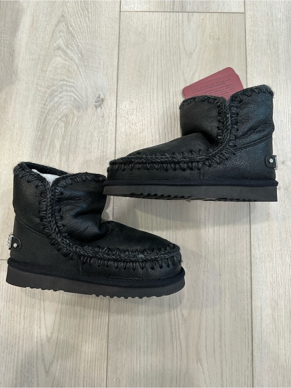 Mou Eskimo 18 Boots with Rhinestone Logo - Black Shimmer Leather (Size EU 39 / U